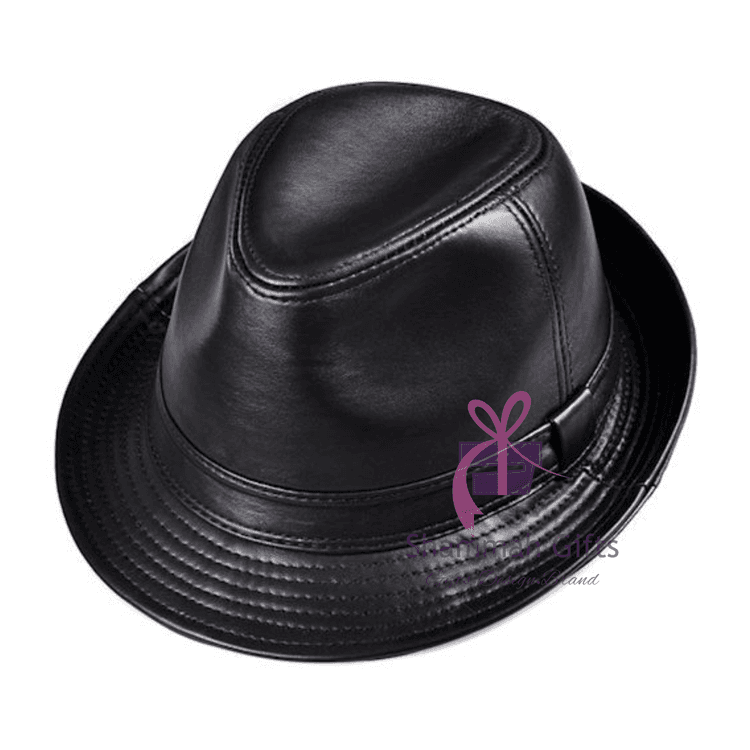 A picture of a Black leather Fedora Hat for men