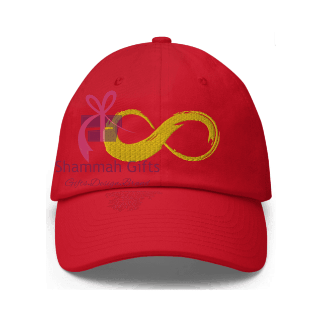 Red basketball cap with an embroidered message